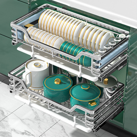 拉篮厨房橱柜304不锈钢双层抽屉式置碗架柜内拉篮架碗柜碗碟碗篮
