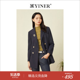 yiner音儿女装春季时尚通勤藏蓝色双排，扣西装短外套