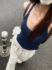 美式高街辣妹深蓝色吊带背心女夏季修身显瘦气质独特休闲百搭上衣