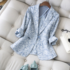 夏季薄款提花棉麻西服高级感通勤修身上衣，时尚休闲蓝色西装外套女