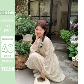 陆小团团松紧收腰碎花连衣裙2024春季韩系气质复古甜美裙子女