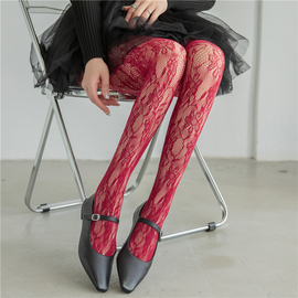 酒红色连裤袜复古法式繁花，蕾丝镂空网袜女性感，纯欲玫瑰花白色丝袜