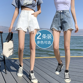 黑色牛仔短裤女2022夏高腰(夏高腰)a字阔腿裤宽松直筒毛边破洞裤热裤