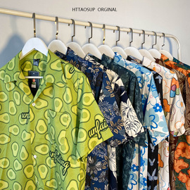 httaosup夏季牛油果绿满印短袖衬衫，男女夏威夷风潮，牌休闲情侣衬衣
