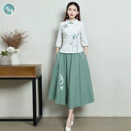 2023春秋汉服女装民族风，棉麻绣花立领，修身复古礼服文艺茶艺服