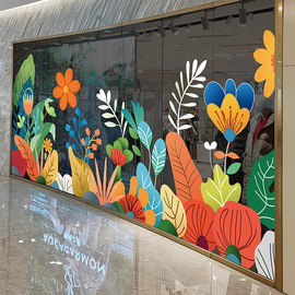 花朵玻璃贴纸春季透明uv双面，色彩商场展厅橱窗装饰无胶静电窗花贴