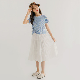 女童夏装短袖套装条纹纽结上衣韩版宝宝白色蛋糕半身裙网红两件套