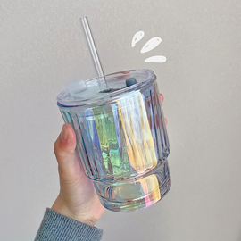 ins炫彩玻璃水杯女大容量透明耐热高颜值防漏有盖吸管家用咖啡杯