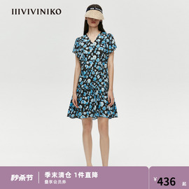 iiiviviniko春夏宽松玫瑰，印花v领连衣裙女m1206d