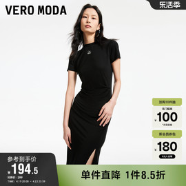 Vero Moda奥莱连衣裙2024夏季时髦高街休闲短袖黑色开衩T恤裙