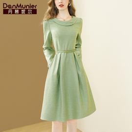 丹慕妮尔高端奢华大牌，绿色连衣裙女春秋气质收腰中长裙子