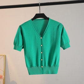 14针冰丝开衫夏季泡泡袖短袖绿色v领外套短款T恤气质温柔风薄上衣