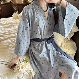 日系の和服斜襟系带碎花睡衣女，夏日式(夏日式)和风，棉纱纯棉睡袍浴袍送腰封