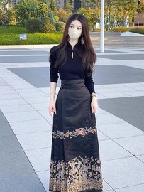 高级感小众设计新中式黑色马面裙套装女小个子汉服2024春秋