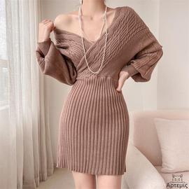 针织连衣裙v领麻花中长款毛衣包(毛衣包)臀裙womenv-neckknitteddress