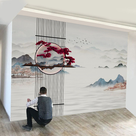 现代新中式壁画简约山水抽象墙纸背景墙布客厅卧室书房3d松树壁纸