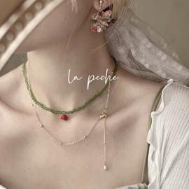 la peche「夏日花园」郁金香少女原创小众绿色花朵串珠项链锁骨链