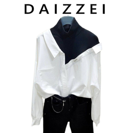 daizzei~2023春装宽松高领，拼接白色上衣，假两件女士长袖衬衫潮
