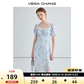 VEGA CHANG法式碎花连衣裙女2024夏季显瘦气质高级感茶歇长裙