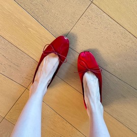 显脚小！法式气质仙女风芭蕾舞单鞋蝴蝶结红色浅口平底豆豆鞋婚鞋