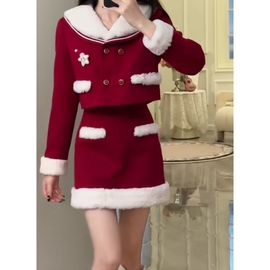 圣诞节服装女红色毛绒战衣穿搭新年战袍套装女深秋冬装搭配套裙