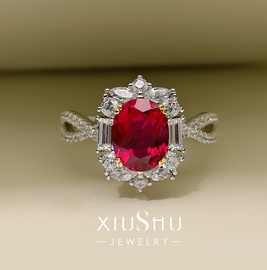 XIUSHU高定3克拉人工红宝石戒指纯银镶嵌精工简约大方