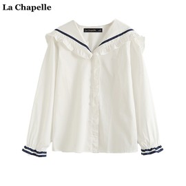 拉夏贝尔/La Chapelle学院风海军领白色衬衫女春季设计感小众上衣