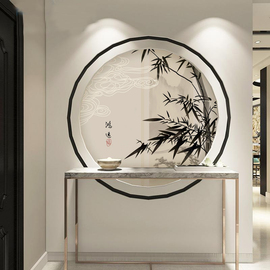 新中式圆形画芯餐厅玄关，背景墙装饰画茶室禅意花鸟画，竹子墙纸壁画