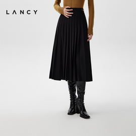 LANCY/朗姿2023秋冬黑色高腰百褶裙女中长款气质百搭显瘦半裙