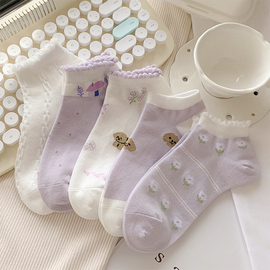 紫色袜子女短袜夏天浅口ins潮，可爱日系花边，小熊薄款透气学生船袜