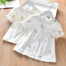女童衬衫2024款夏装韩版刺绣花朵夏季短袖上衣洋气宝宝白衬衣潮