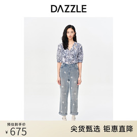 DAZZLE地素 奥莱复古蓝染民族印花镂空别致棉麻衬衫上衣女