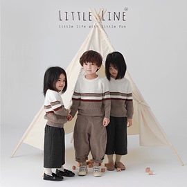 LittleLine 秋冬季美利奴全羊毛复古宽条纹儿童中性圆领套头毛衣