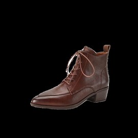 法式短靴女尖头系带，马丁靴2023秋冬靴子，粗跟真皮及踝靴4.5cm