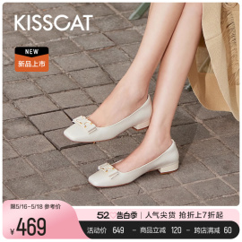 KISSCAT接吻猫2024春温柔饺子鞋蝴蝶结小皮鞋法式粗跟单鞋女