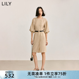 LILY2024夏女装复古气质通勤款时尚腰带温柔优雅灯笼袖连衣裙