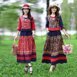 春夏民族风唐装棉麻套装女中国风，复古修身七分袖上衣半身裙两件套