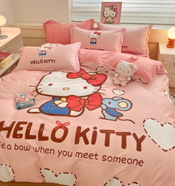 hellokitty猫全棉四件套纯棉，可爱少女心床单，被套单人床上三件套1