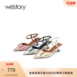 westory2023年夏季细跟羊皮尖头脚踝带百搭法式优雅凉鞋56011