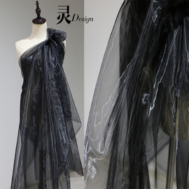 欧根纱布料柔软黑色加密网纱透明亮丝，真丝蓬蓬纱裙礼服设计师面料