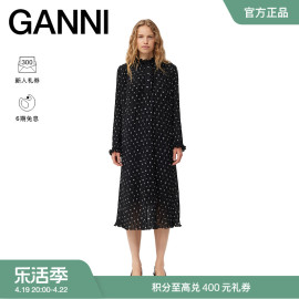 ganni女装黑色，荷叶边高领，迷笛长裙连衣裙f8692099