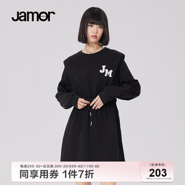 jamor黑色长袖连衣裙女春款宽松休闲拽姐风小黑裙印花卫衣裙子