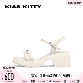 KISSKITTY2024夏季猫耳一字带凉鞋坡跟增高女鞋外穿运动凉鞋