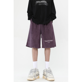 fogemma美式潮牌梅紫色短裤，男夏直筒沙滩裤，宽松麂皮绒五分裤子b