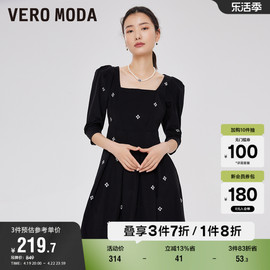 Vero Moda奥莱夏季通勤复古时尚黑色简约百褶气质连衣裙子