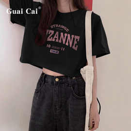 韩系chic设计感小众黑色短款短袖T恤女夏季2023宽松纯棉上衣