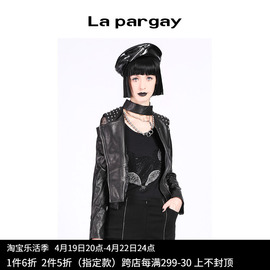 lapargay纳帕佳2023秋冬女式黑色短款长袖皮衣，外套设计感上衣