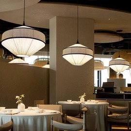 餐饮店吊灯新中式复古餐桌灯，艺术创意藤编灯，日式简约布艺装饰灯具