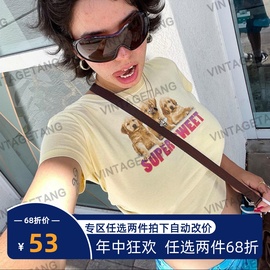 VintageTang美式复古浅黄色短款辣妹狗狗印花短袖T恤女夏休闲壕伍