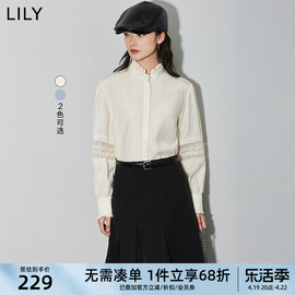 LILY2024春女装浪漫时尚拼接别致压褶优雅花边袖宽松垂感衬衫